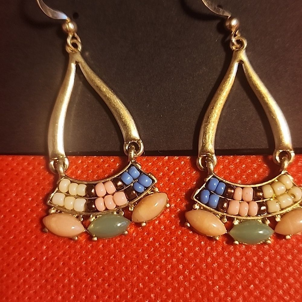 Gold and Multicolor Beaded Earrings - Picture 4 of 4